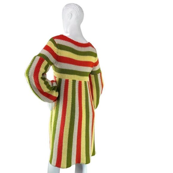 1970's Handknit Striped Dress with Big Kangaroo Front Pocket, Yellow, Green, Red - Picture 6 of 10